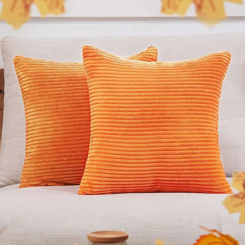 housse coussin velours côtelé orange rayé décorative canapé salon moderne zip invisible textile doux