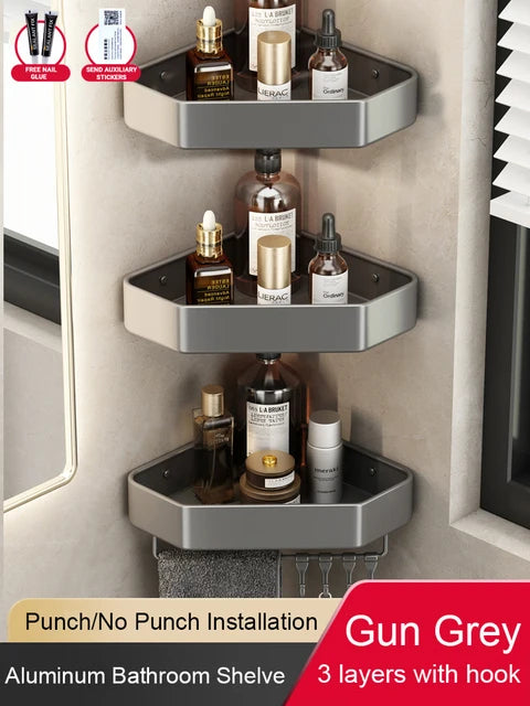 étagère salle bain moderne adhésive métal gris plat niveaux crochets rangement góc