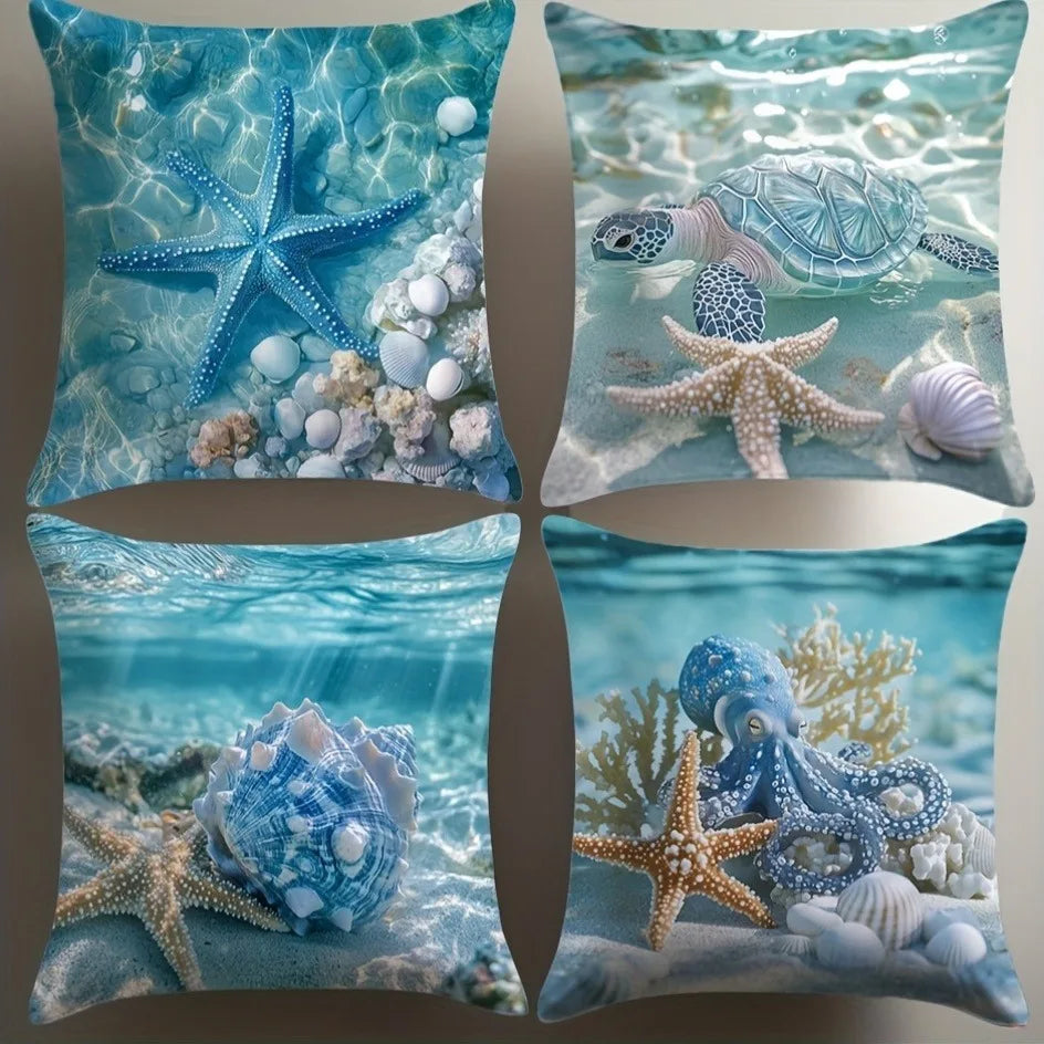 taies d'oreiller motif marin étoiles mer poissons moderne bleu clair coussin carré 45x45cm polyester