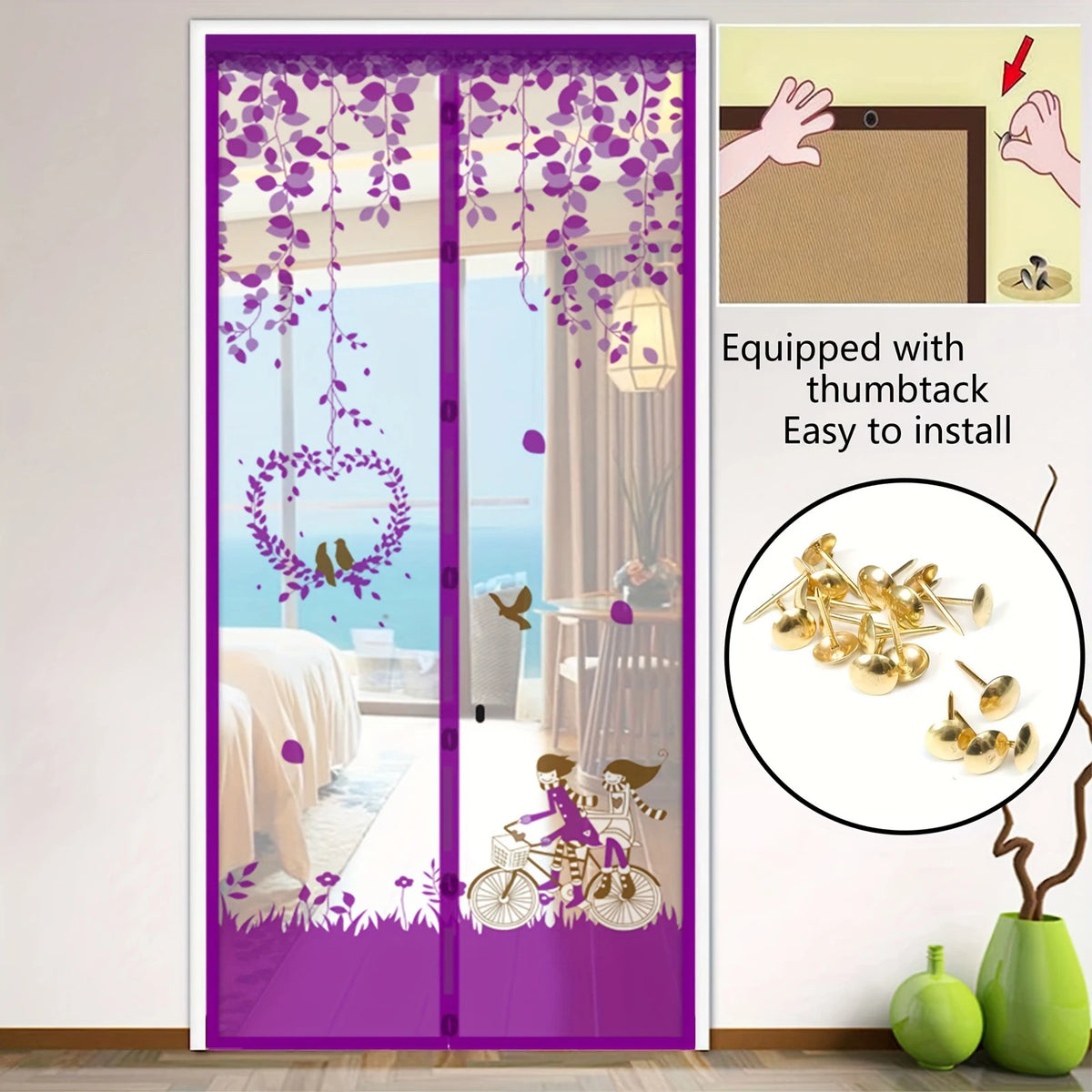 rideau porte magnétique violet fleurs oiseaux moderne anti moustiques polyester facile