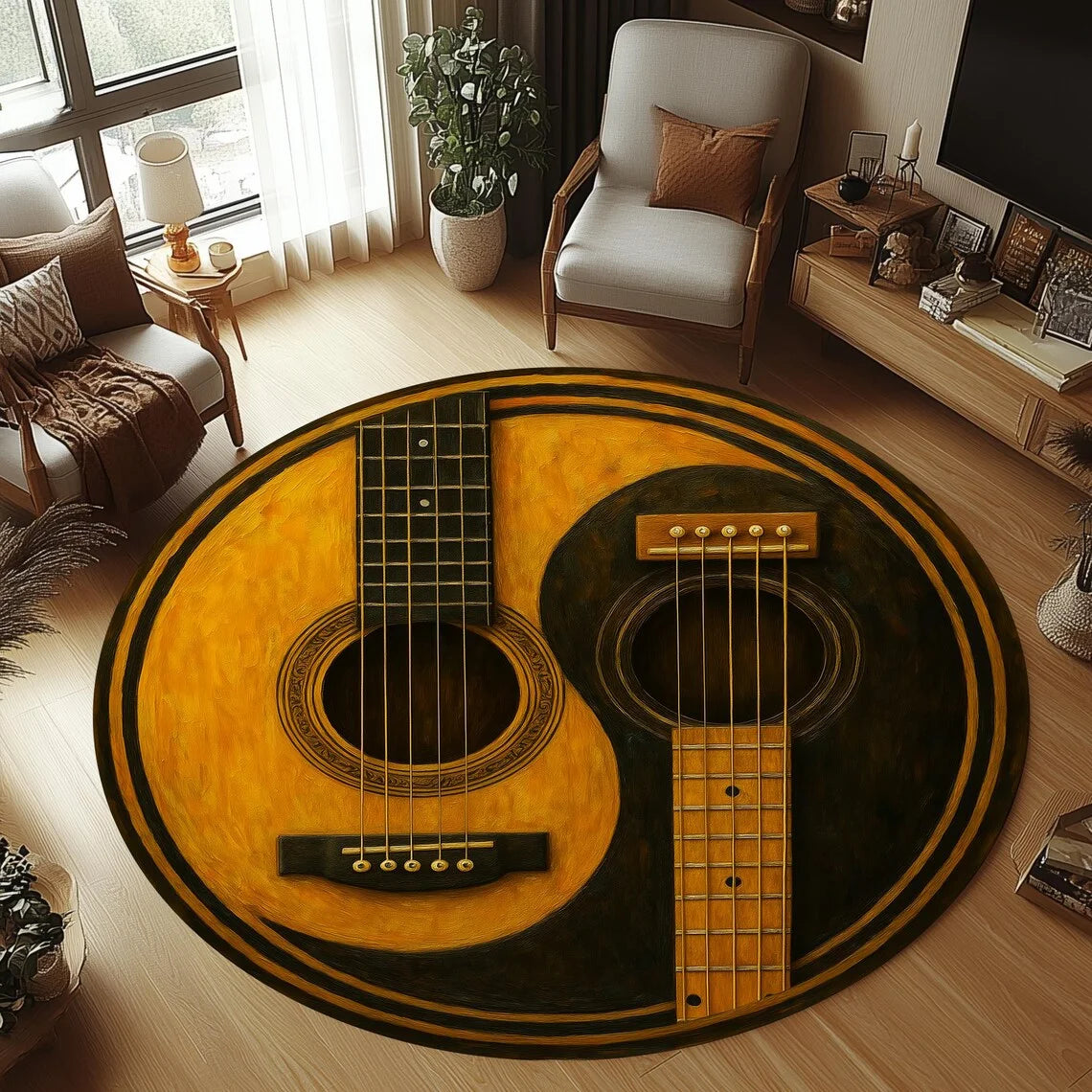 tapis rond guitares vintage antidérapant doux salon chambre enfant motifs musicaux bohèmes polyester