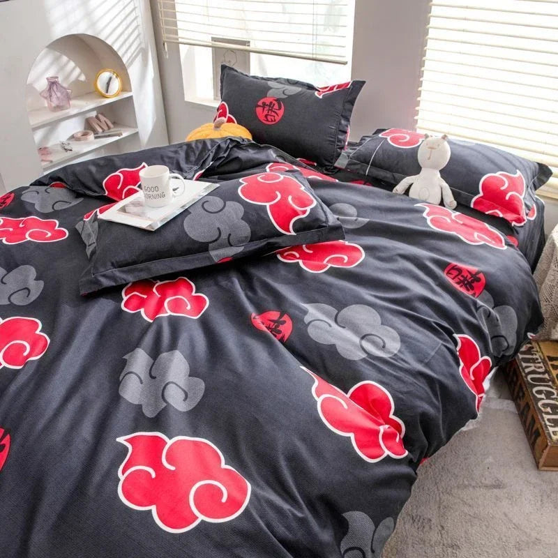 housse couette flanelle noir rouge nuages stylisés motifs circulaires taies d'oreiller oreiller coussin décoratif