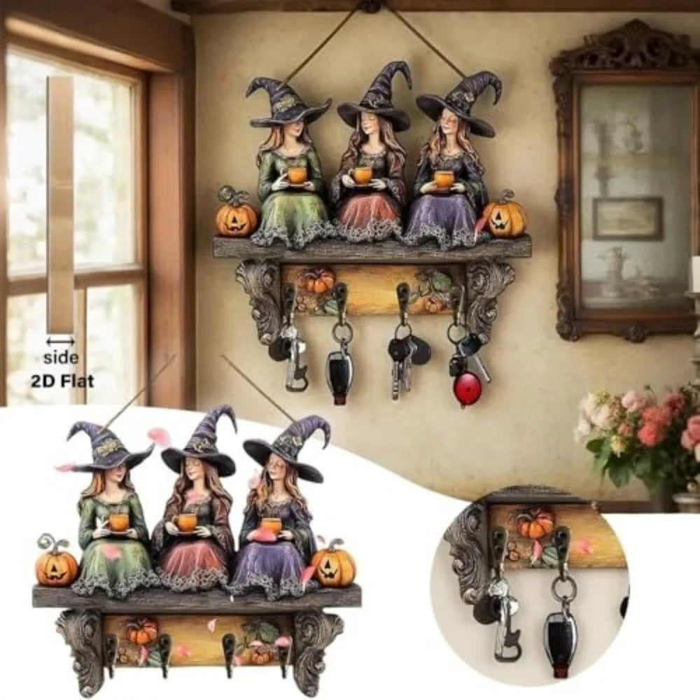 décoration murale halloween étagère sorcières citrouilles motifs floraux vintage crochets métalliques multicolore festive rustic