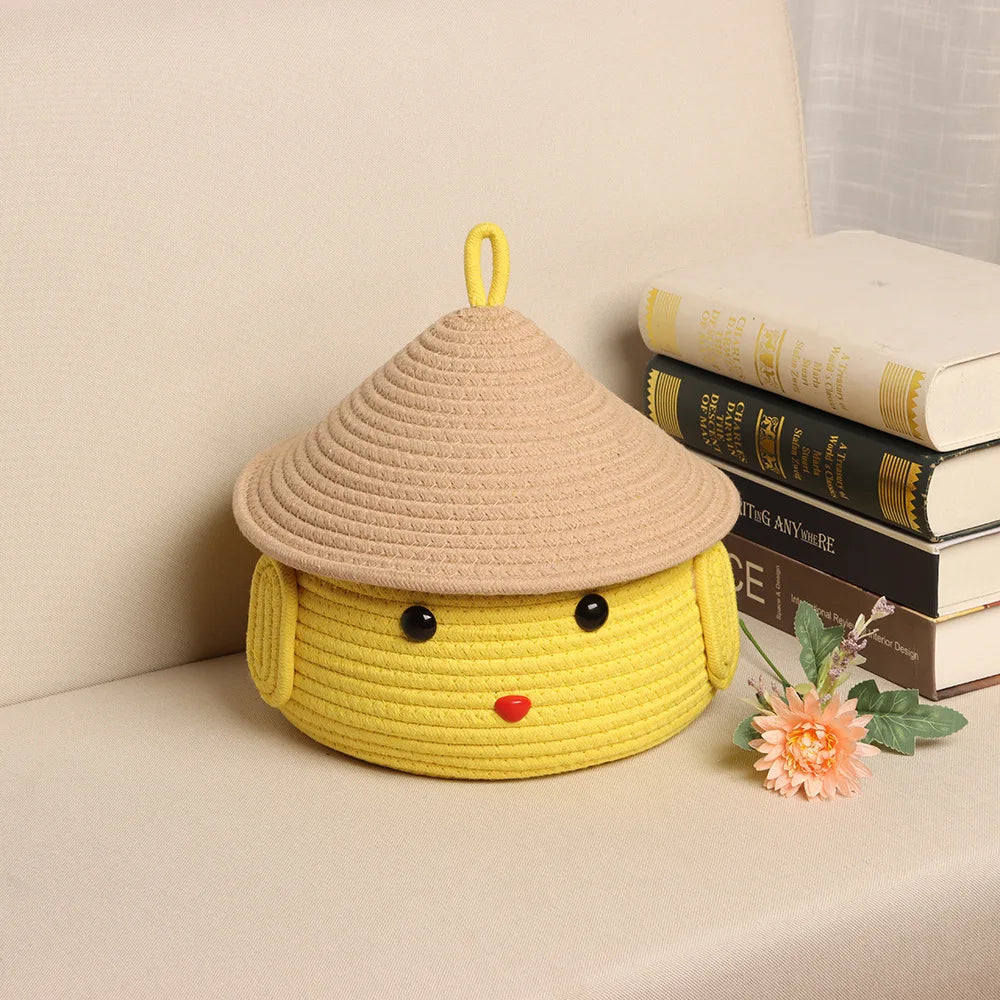 boîtes rangement tressées jaune beige enfantines decoratives chapeaux livres fleur artificielle simple moderne