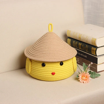 boîtes rangement tressées jaune beige enfantines decoratives chapeaux livres fleur artificielle simple moderne