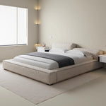 lit moderne bois tissu lin beige oreillers blancs draps gris blancs 188cm 218cm 246cm