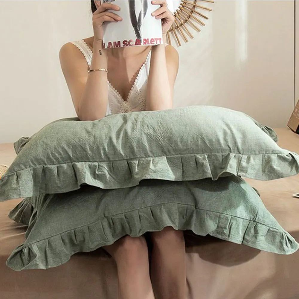 taies d'oreiller coton volants doux lit gris bleu vert rustique
