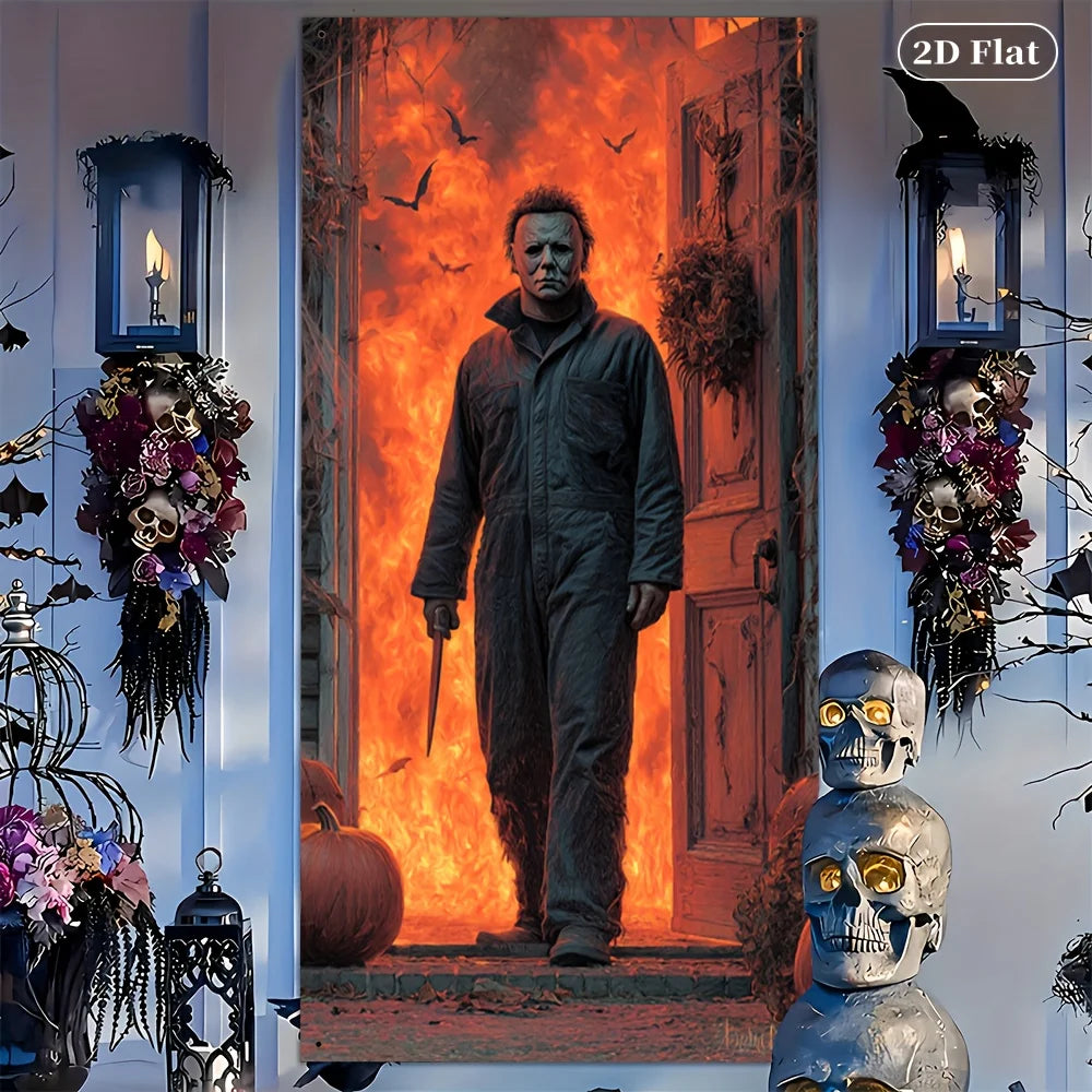 poster mural halloween effets feu masque citrouilles guirlandes squelette noir orange rouge