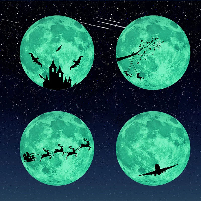 stickers muraux lumineux lune chateau chauves souris arbre vert fluo illustration fantaisie moderne chambre