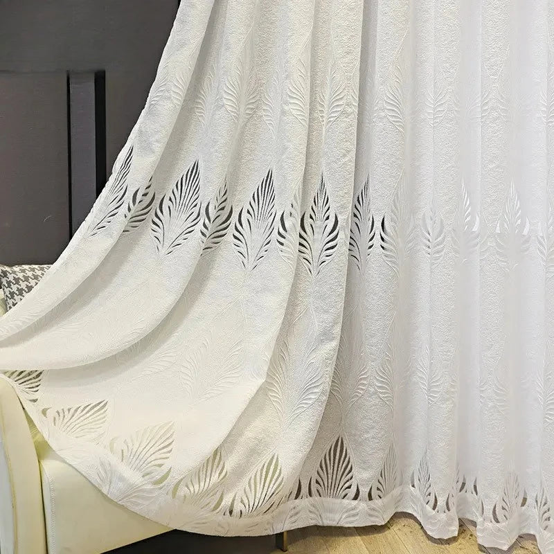 rideau blanc tulle translucide feuilles découpées moderne salon chambre décoration fenêtre anneaux classique