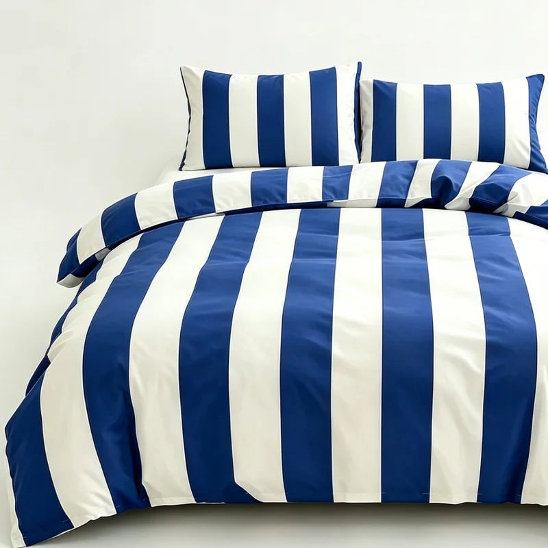 ensemble literie bleu marine rayures horizontales moderne couvre lit taies oreiller polyester