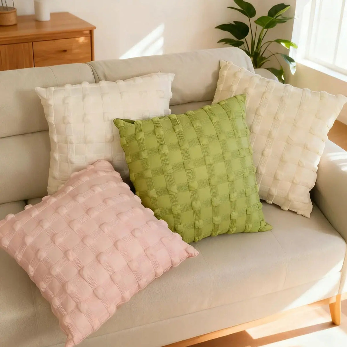 coussins carrés géométriques blanc rose clair vert olive amovibles modernes 30x50cm