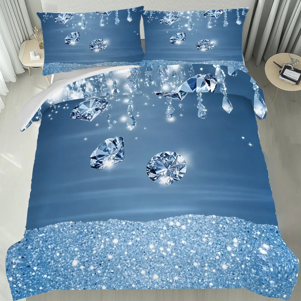 Détail du motif diamant brillant sur housse de couette bleu foncé