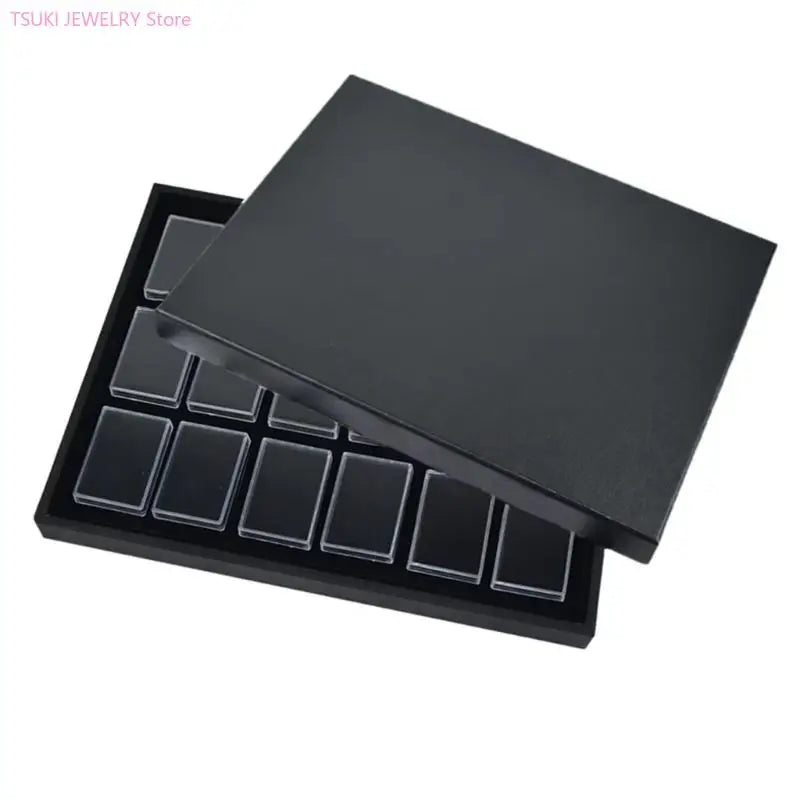 boîte bijoux moderne noire blanche transparente 18 compartiments plateaux carrés plastique minimaliste