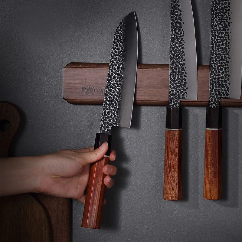 porte couteaux magnétique bois brun foncé couteaux ciseaux moderne respectueux environnement fixations incluses 40cm