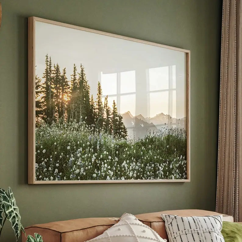 cadre photo moderne paysage nature fleurs arbres montagnes verte beige sans cadreintérieur decorationimpression toile