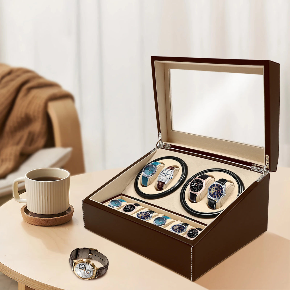 boîte montres rotative moderne compartiments rotatifs compartiments rangement bois noir beige