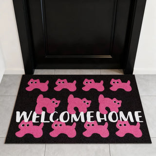 tapis bienvenue motif chiens rose fond noir WELCOME lettres blanches texture granuleuse
