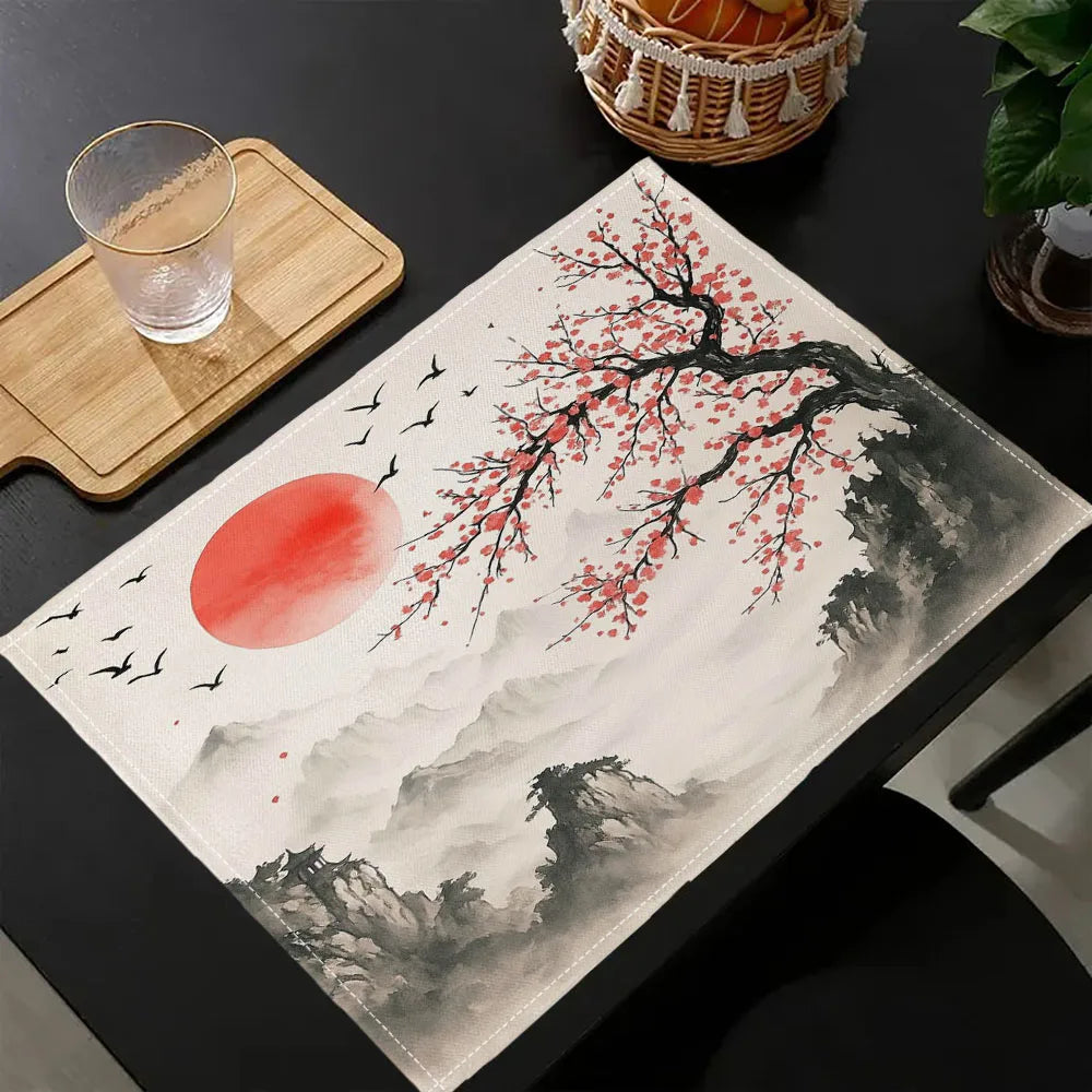 serviettes table art japonais fleurs cerisier blanc rouge noires traditionnelles classiques respectueuses environnement lin