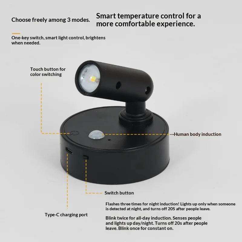 lampe led rechargeable aimantée projecteur mural blanc moderne interrupteur tactile charge usb type chambre