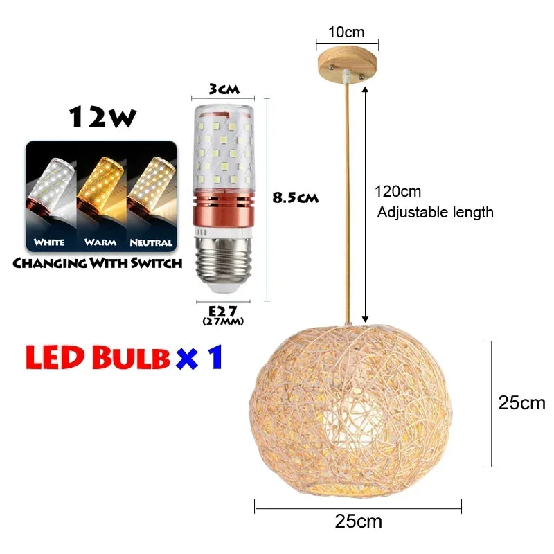 suspension lumineuse bois tressée moderne ampoule led câble électrique chambre salon