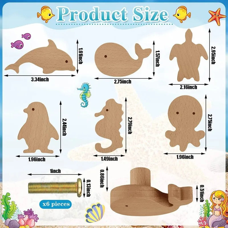 poignées tiroir bois animal marin dauphin pieuvre phoque hippocampe moderne vis chambre enfant decoration