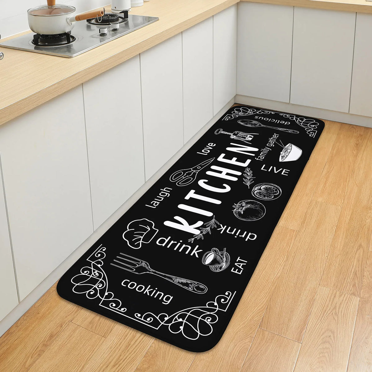 tapis cuisine absorbant antidérapant polyester moderne motif texte cuillères fourchets verres noir blanc
