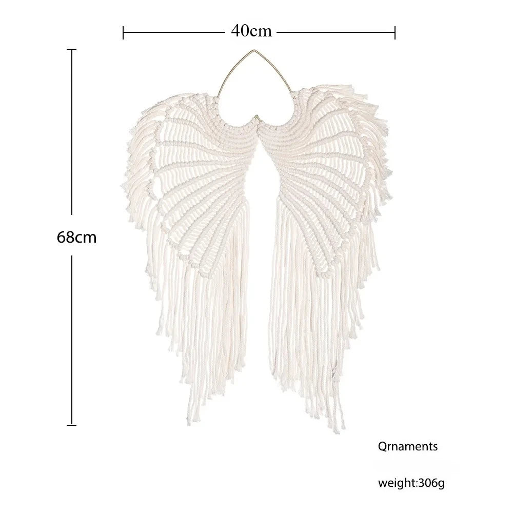 décoration murale ailes macramé blanc boho artisanal franges anneaux métalliques