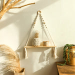 étagère suspendue boho corde tressée bois franges anneaux métal chambre salon bois naturel