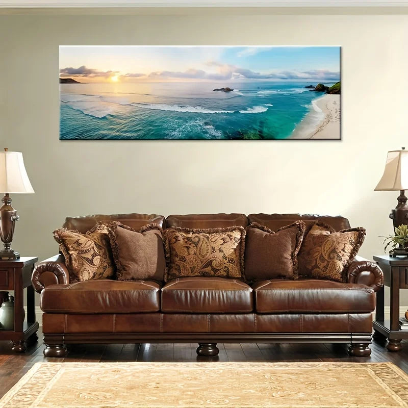 paysage marin coucher soleil impression toile coton moderne rectangle vertical plage bleue ciel orangé