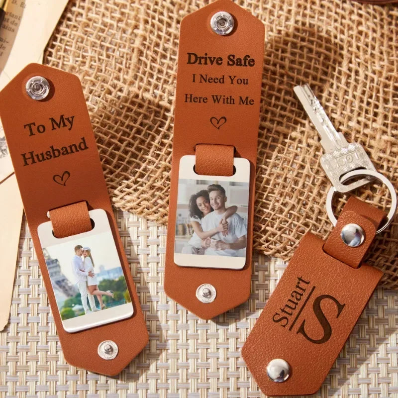 Porte-clés cadre photo en cuir PU personnalisable pour fête des pères