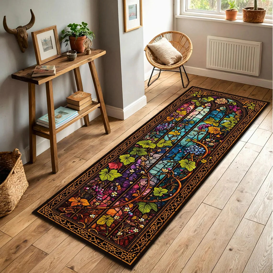 tapis moderne fleuri paysage forestier escalier pierre porte ronde vert brun noir