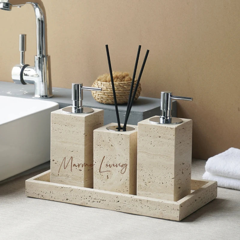 ensemble accessoires salle bain marbre beige naturel distributeur savon plateau pot serviette moderne