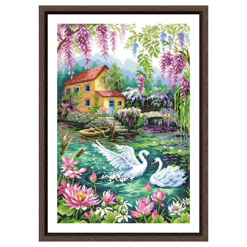 broderie paysage multicolore maison fleurs cygnes glycine toile coton fil aiguille instructions