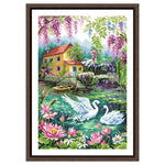 broderie paysage multicolore maison fleurs cygnes glycine toile coton fil aiguille instructions