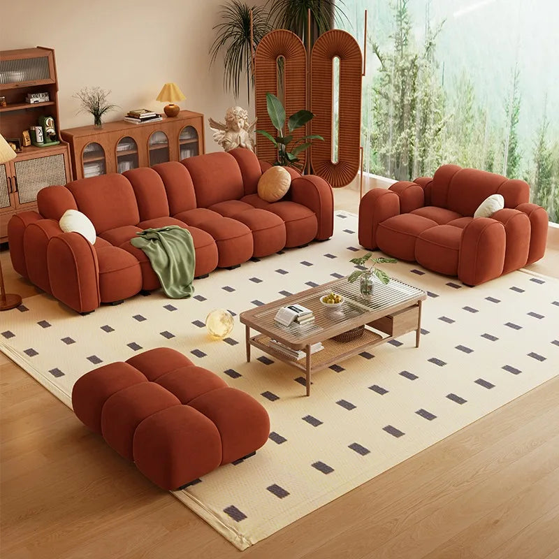 canapé d'angle moderne orange vert clair beige coussins contemporain minimaliste scandinave