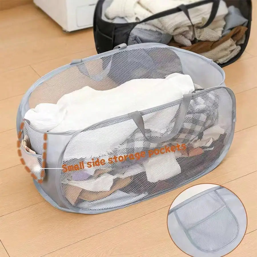 panier linge pliable imperméable polyamide gris noir maille moderne poignées poches capacitaire salle bain