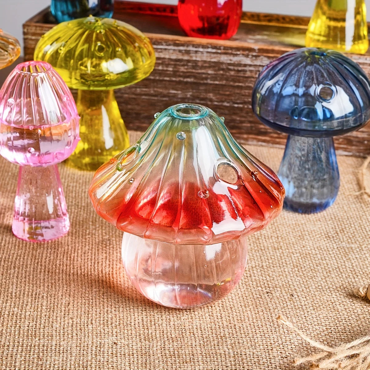 vase moderne transparent champignons colorés orange rouge bleu vert reflets