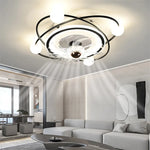 ventilateur moderne sphères blanches anneaux dorés télécommande lumière led salon luxe