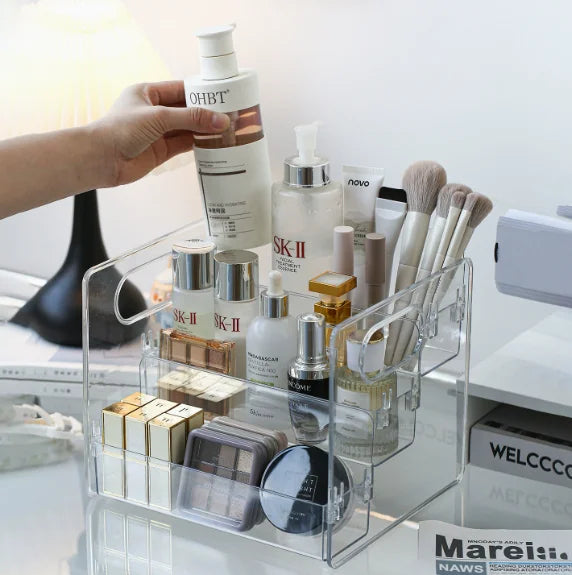 rangement cosmétique moderne transparent boîtes organisation maquillage pinceaux bouteilles minimalistes rechargeables poignées