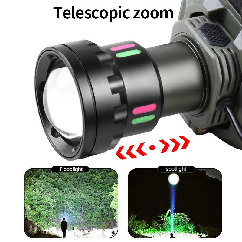 lampe frontale vert olive tissu texturé militaire 18650 rechargeable 800W LED affichage numérique port