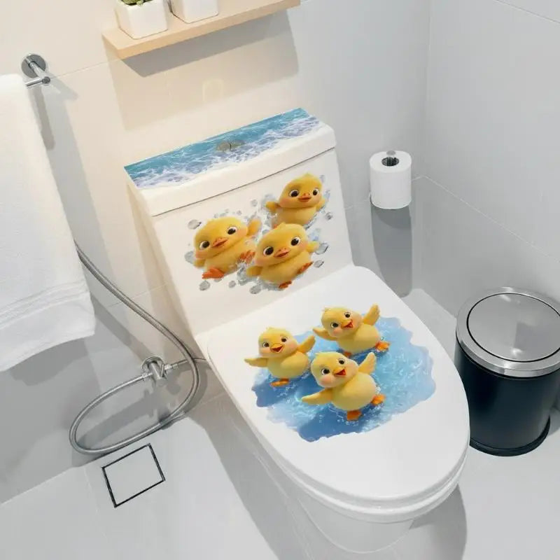 cache siège toilette adhésif oiseaux canard poussins vague eau blanc bleu marron jaune gris