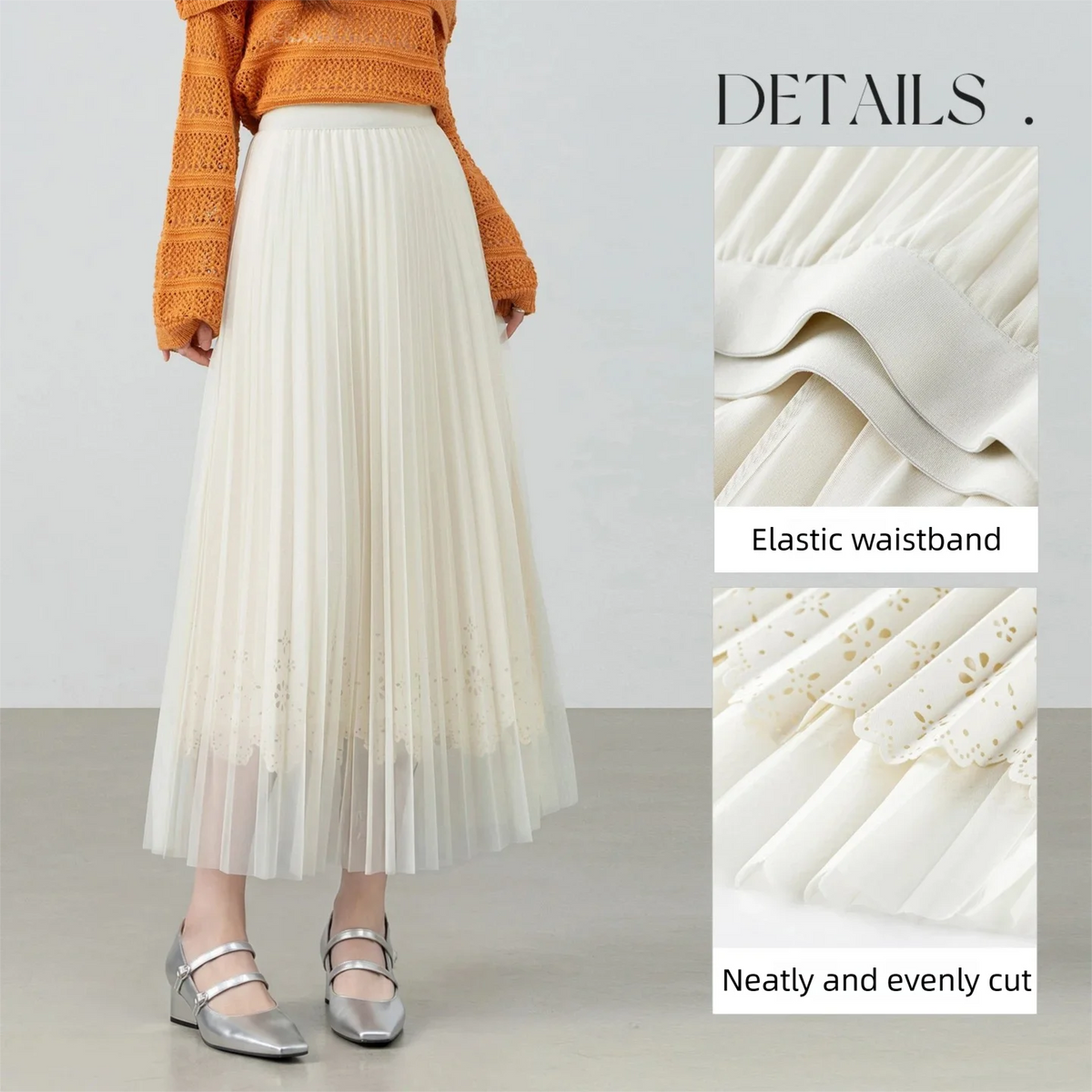 jupe plissée blanc crème broderie fine classique élégant ceinture élastique été femme plissé