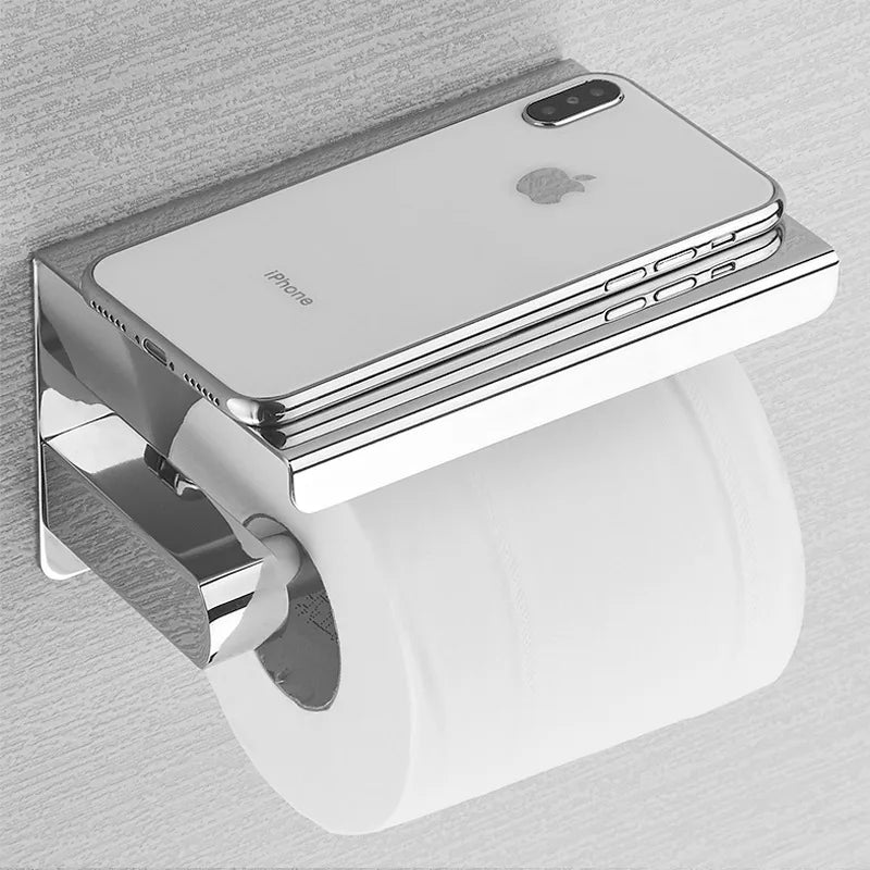 porte rouleau papier toilette étagère support téléphone moderne argenté acier inoxydable minimaliste fixations murales
