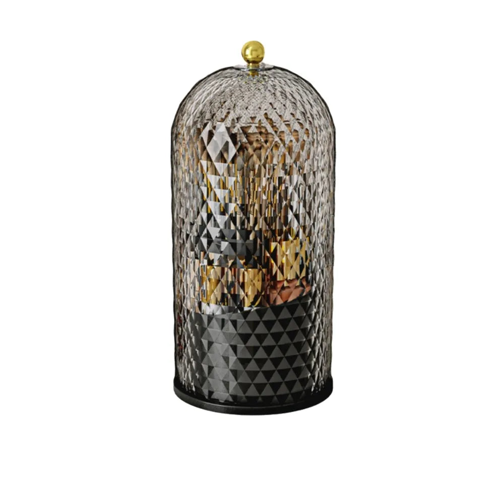 rangement rotatif transparent cosmétiques compartiments texturés surface losanges élégant décorationreuse compartments réutilisable doré poignée