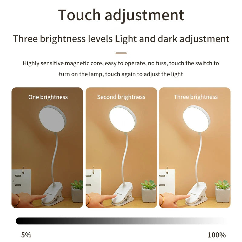 Lampe LED rechargeable noire en position clip sur bureau