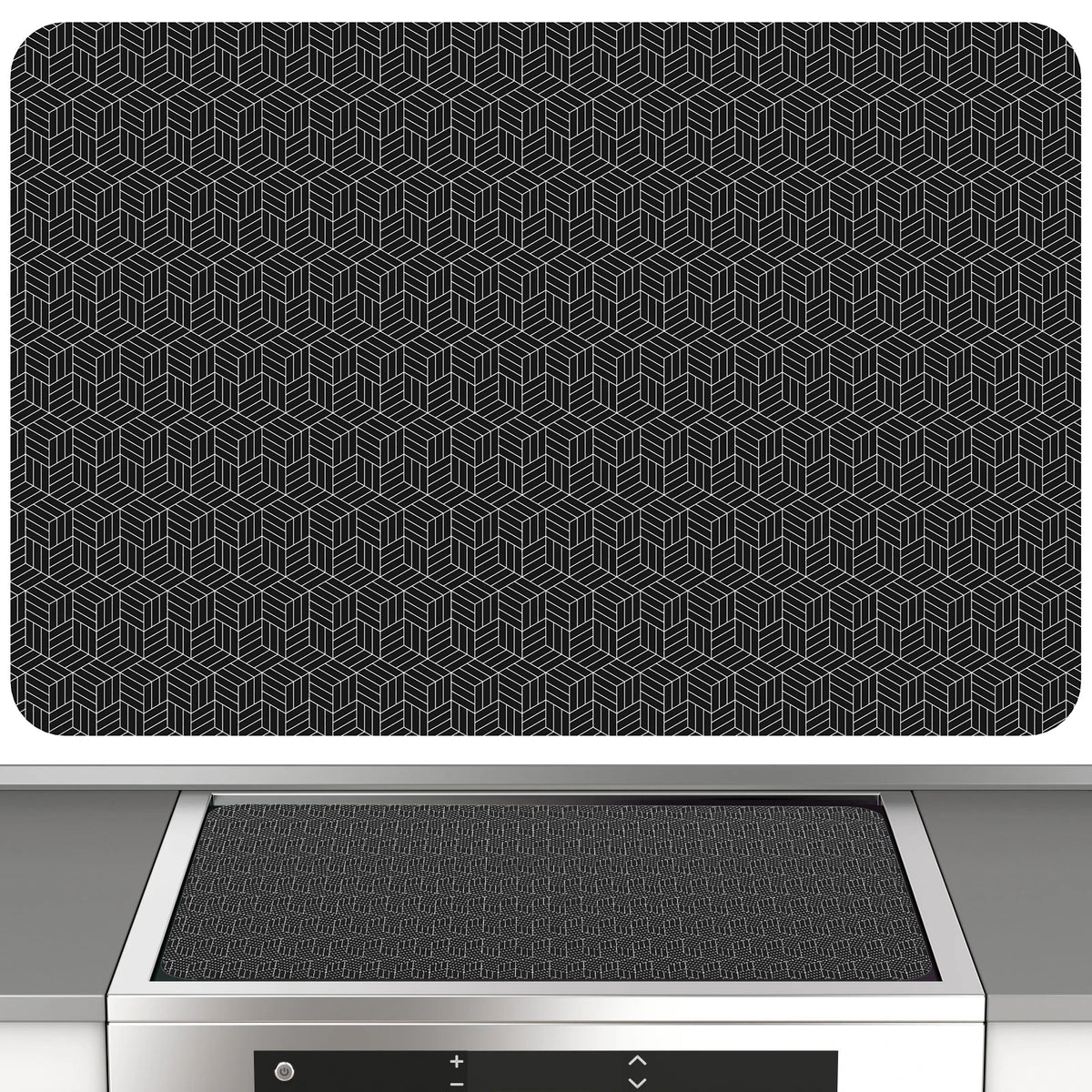 tapis protection plaque cuisson induction silicone noir motif géométrique antiadhésion résistant chaleur moderne adhésif