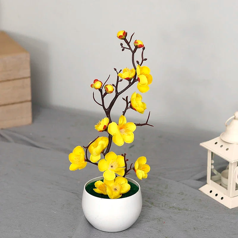 plantes artificielles branche fleurs rouge rose blanc simple feuilles pot blanc