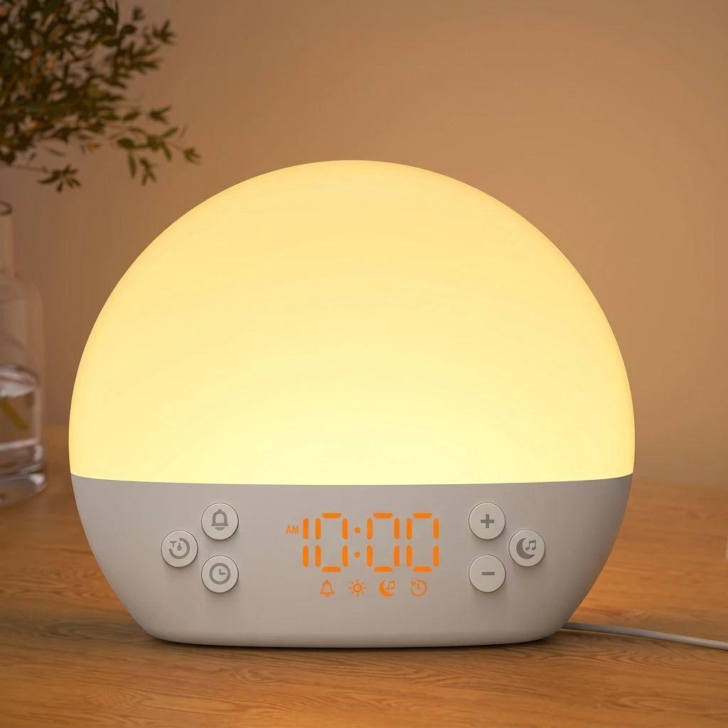 lampe chevet numérique réveil blanc affichage numérique moderne contrôle tactile sons apaisants lumière réglable