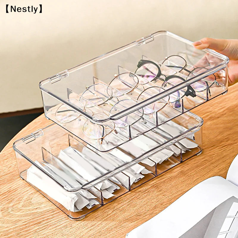 boîte rangement transparente moderne compartiments clips lunettes sachets câbles organisation sécurité durable